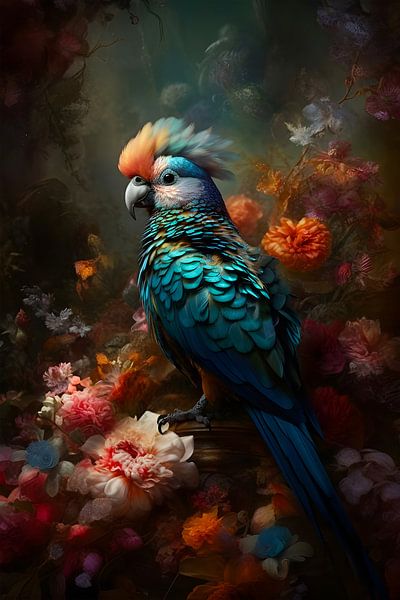 Bird among colourful flowers by But First Framing