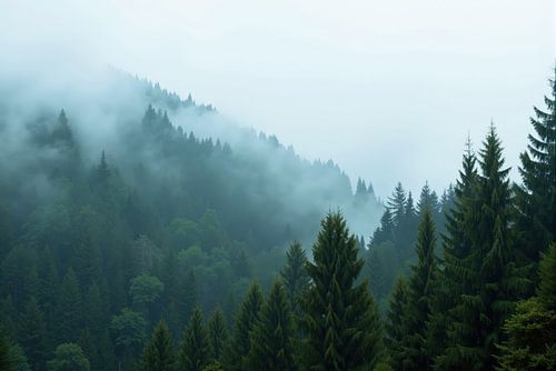 Mistig naaldbos op berghelling