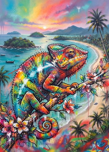 De kleurrijke regenboogkameleon in het tropische paradijs