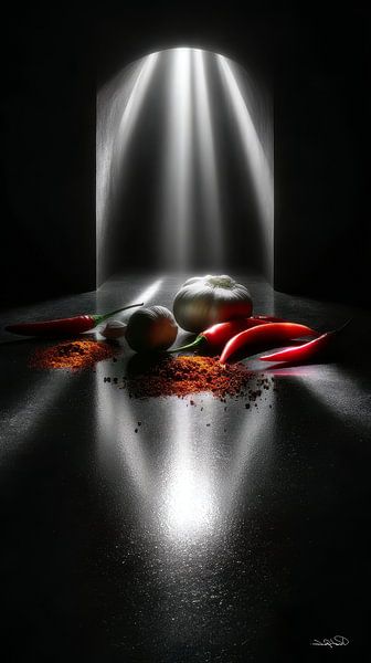rote Paprika - Knoblauch - Limette - Zitrone auf schwarzem Hintergrund mit dramatischem Licht von Gelissen Artworks