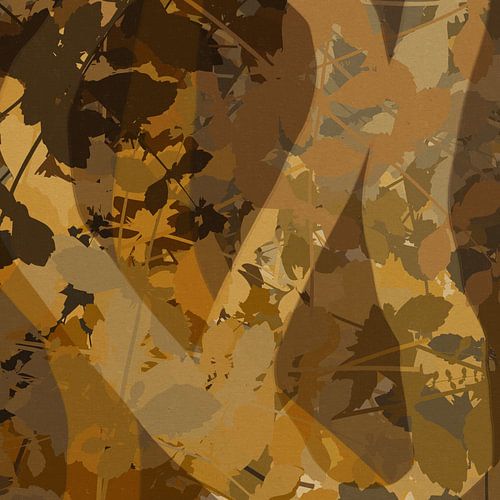 Kleurrijke abstracte botanische kunst. Bladeren in goud, geel, oker, bruin.