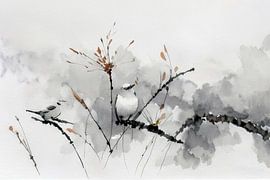 Japandi-Sternen. Vögel auf Zweig mit Blüte -2