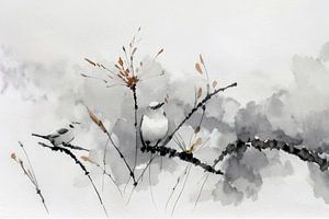 Japandi-Sternen. Vögel auf Zweig mit Blüte -2