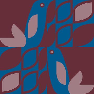 Rétro scandinave. Oiseaux et feuilles en rose, bleu cobalt et rouge vin. sur Dina Dankers