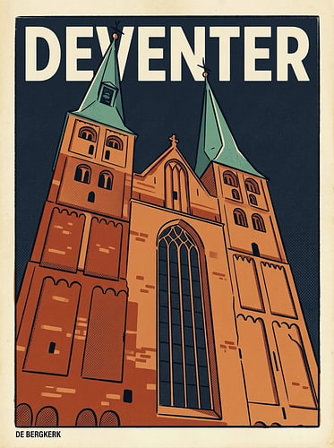 Vintage Travel Poster of Deventer – The Characteristic Bergkerk with its Twin Towers in the Bergkwartier