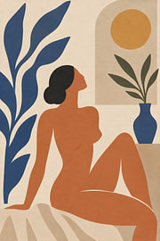 Matisse Inspired Nude Woman Art, Modern Minimalist Female Figure with Botanical Elements and Sun by Timeless Artworks