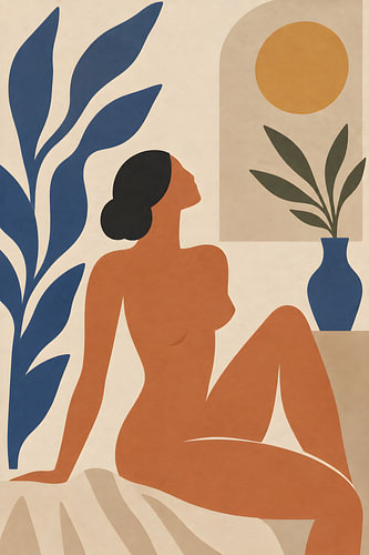 Œuvre d'art représentant une femme nue inspirée de Matisse, silhouette féminine moderne et minimaliste agrémentée d'éléments botaniques et d'un soleil