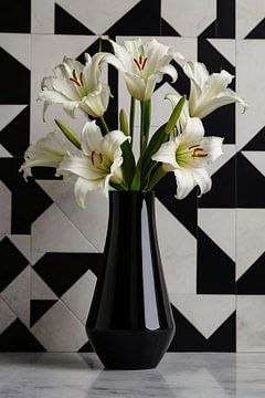 Stylish Lilies in Black and White Geometric Setting by De Muurdecoratie