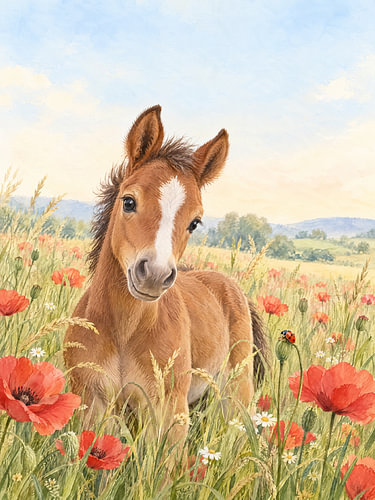 Fohlen auf der Mohnblumenwiese – Aquarell