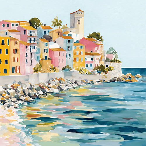 Aquarel van een kustplaatsje in Cinque Terre – Kleurrijke huizen aan zee