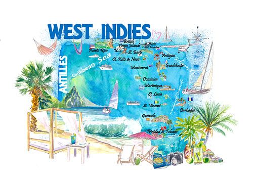 West Indies Illustrated Travel Map with Leeward and Windward Antilles