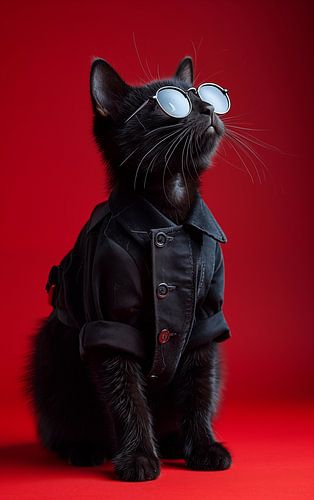 Zwarte kat met zonnebril staand panorama