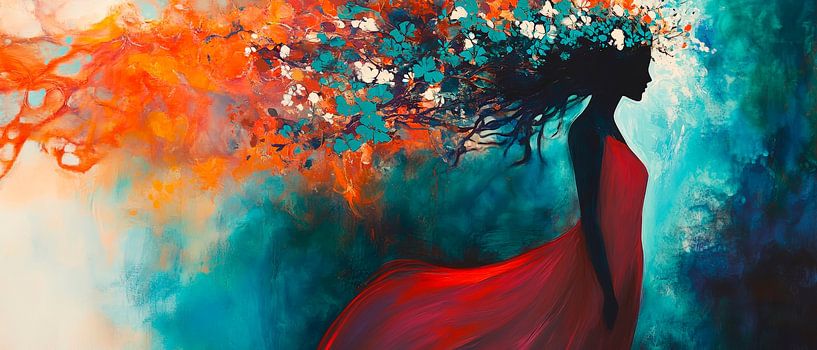 Woman in red with flowering hair by Poster Art Shop