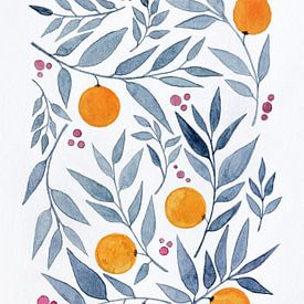 Orangen und Blätter | Aquarellmalerei von WatercolorWall
