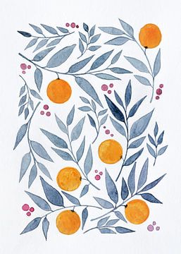 Orangen und Blätter | Aquarellmalerei von WatercolorWall