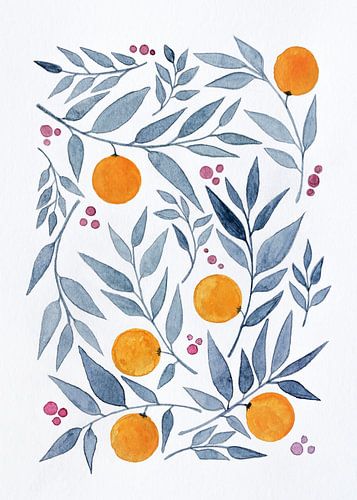 Sinaasappels en bladeren | Aquarel schilderij