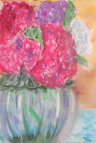 Pasteltekening van een boeket Hortensia's in transparante vaas (Hydrangeas in transparant vase, Hort