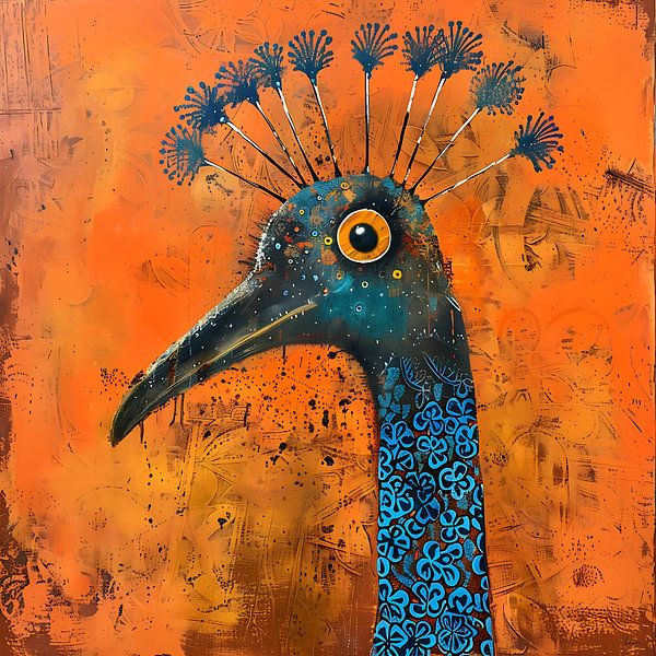 Abstract decorative funky peacock in royal blue and orange by Lauri Creates