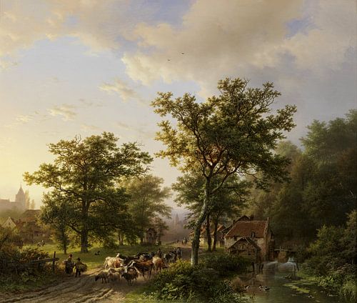 Landschap met watermolen en veedrijvende boeren, Barend Cornelis Koekkoek
