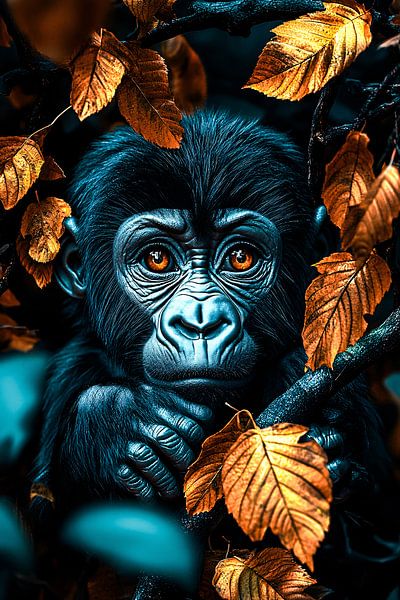 Singe mignon dans les feuilles d'automne par Art & Soul Creations