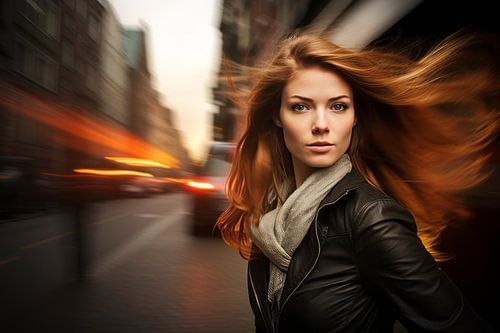 Portrait of a young woman in a busy city