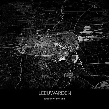 Zwart-witte landkaart van Leeuwarden, Fryslan. van Rezona