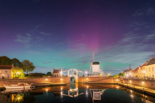 Northern Lights Over Heusden, Den Bosch Netherlands: Dutch Windmill and Reflections Under a Colorful Night Sky