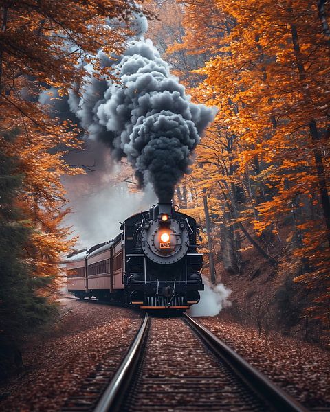 Historische trein in het herfstbos van fernlichtsicht