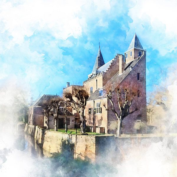 Aquarellbild von Slot Haamstede, in Haamstede, Schouwen-Duiveland von Danny de Klerk