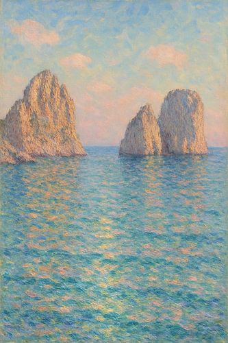 Blauwe Middellandse Zee Stack View – Monet-stijl wanddecoratie met eilandmotief