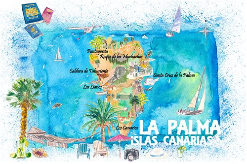 La Palma Illustrierte Reisekarte mit Straßen und Highlights