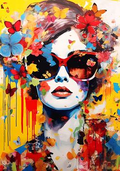 Frau mit Sonnenbrille und Schmetterlingen Pop Art