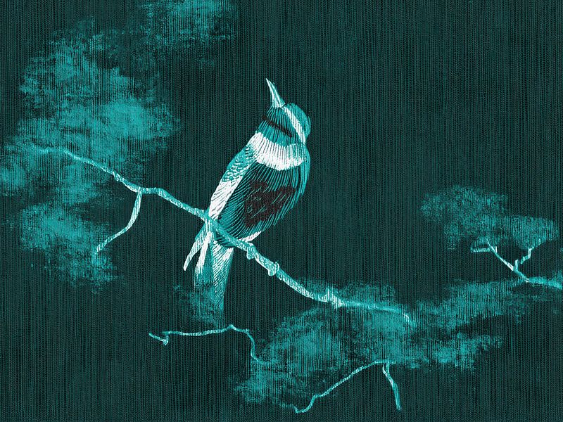 Elegant Japanese bird on branch in Sumi-e Style - Bottle Green by Studio Pieternel