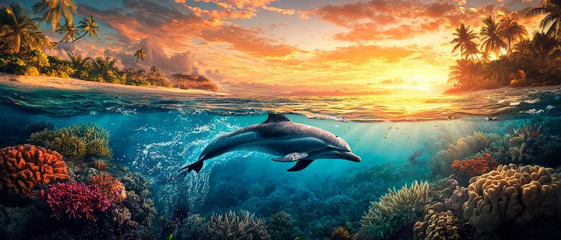 Dauphin nageant dans le soleil couchant par Poster Art Shop