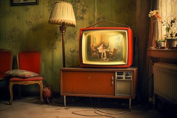 Nostalgic retro analogue television in the living room, analogue photography in retro-vintage style by Animaflora PicsStock