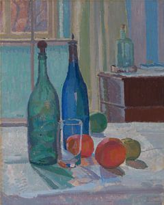 Spencer Frederick Gore~Blauwe en groene flessen en sinaasappelen