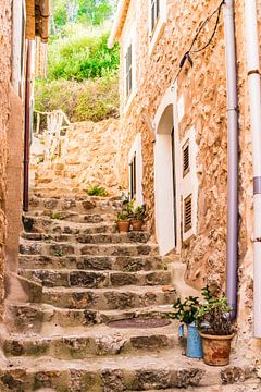 Vue détaillée des marches d'un vieil escalier en pierre dans un village rustique méditerranéen sur Alex Winter