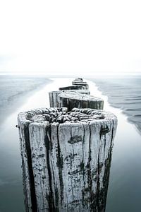 Rustikales High-Key-Foto eines Wellenbrechers am Strand