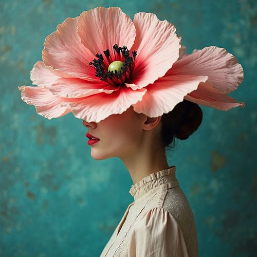 Bloemenmagie – Vrouw met Elegante Bloem op Blauwe Achtergrond