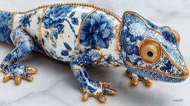 chameleon / iguana in delft blue and gold on a white marble background by Gelissen Artworks
