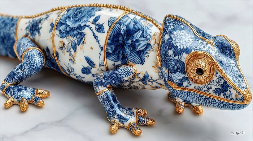 kameleon / leguaan in delfts blauw en goud op een wit marmeren achtergrond van Gelissen Artworks