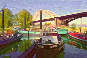 Artwork of Nijmegen - Colourful boats in front of the Waal bridge by Slimme Kunst.nl