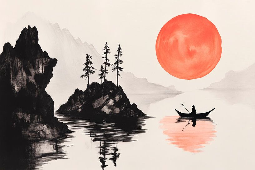Paysage calme avec soleil rouge par Poster Art Shop