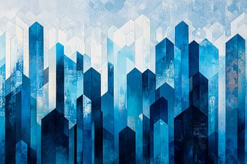 Blauwe geometrische torens in harmonie van Poster Art Shop