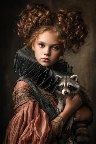 Meisje met Wasbeer - Elegant Portret in Roze