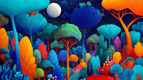 Lune au-dessus d'une forêt tropicale multicolore