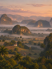 Morgennebel über dem grünen Tal von Viñales, Kuba