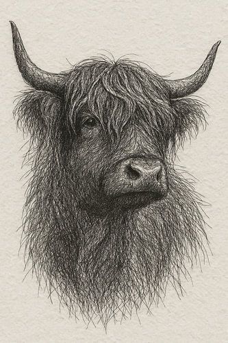 Draad portret Hooglander (Schotland koe hoorns vriendelijk krachtig speels realistische tekening Scandinavisch interieur)