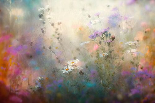 Een kleurrijk veld van margrieten en wilde bloemen in zachte pastelnevel.
