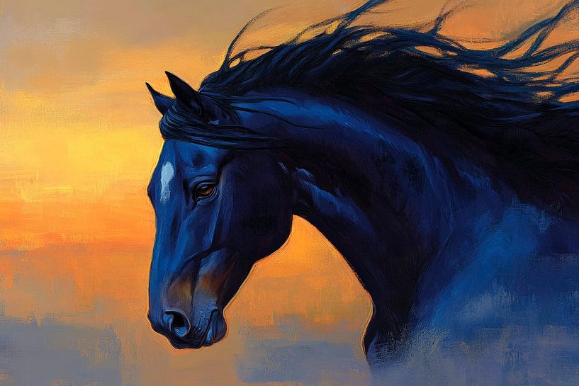Zwart en blauw paard voor zonsondergang van Poster Art Shop